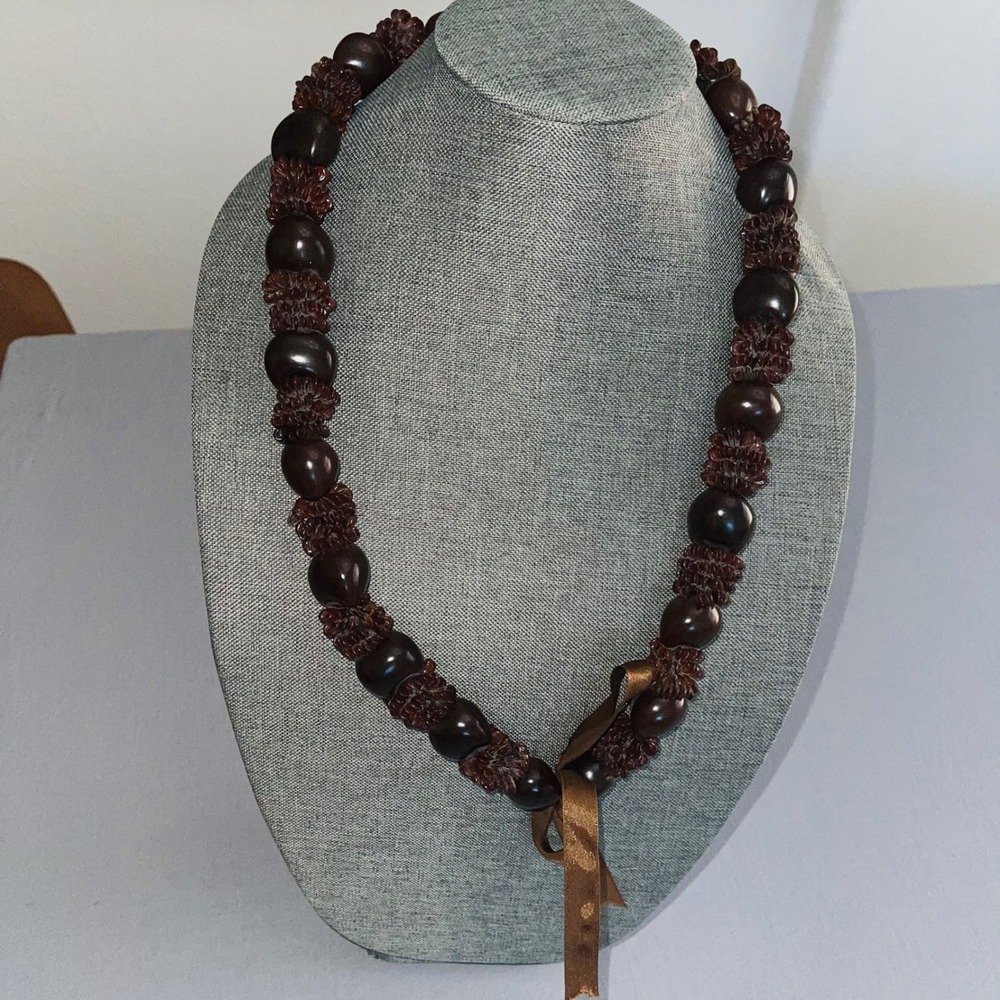Hawaiian Kukui Nut Wiliwili Seed Lei Necklace Brown Polished Ribbon Tie 30in